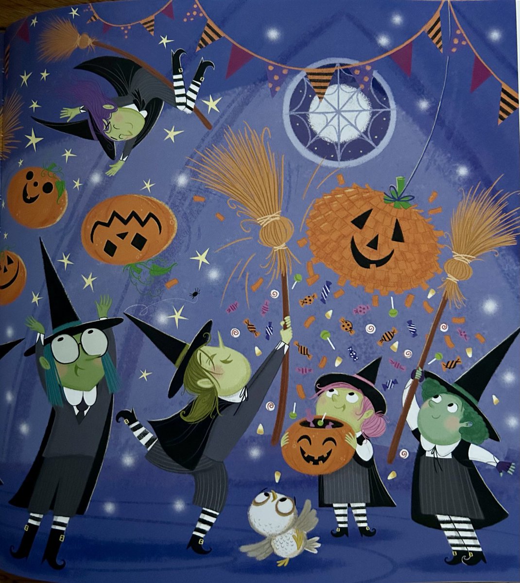 For Halloween. #NewIllustrationOfTheDay. Exuberant little witches in digital caricatures by Steven Lenton from The Green-Fingered Witch, text by Helen Docherty. Growing pumpkins in the ground is also magic. Published in paperback by ⁦<a href="/HarperCollinsCh/">HarperCollins Children's Books</a>⁩. ⁦@StevenLenton⁩