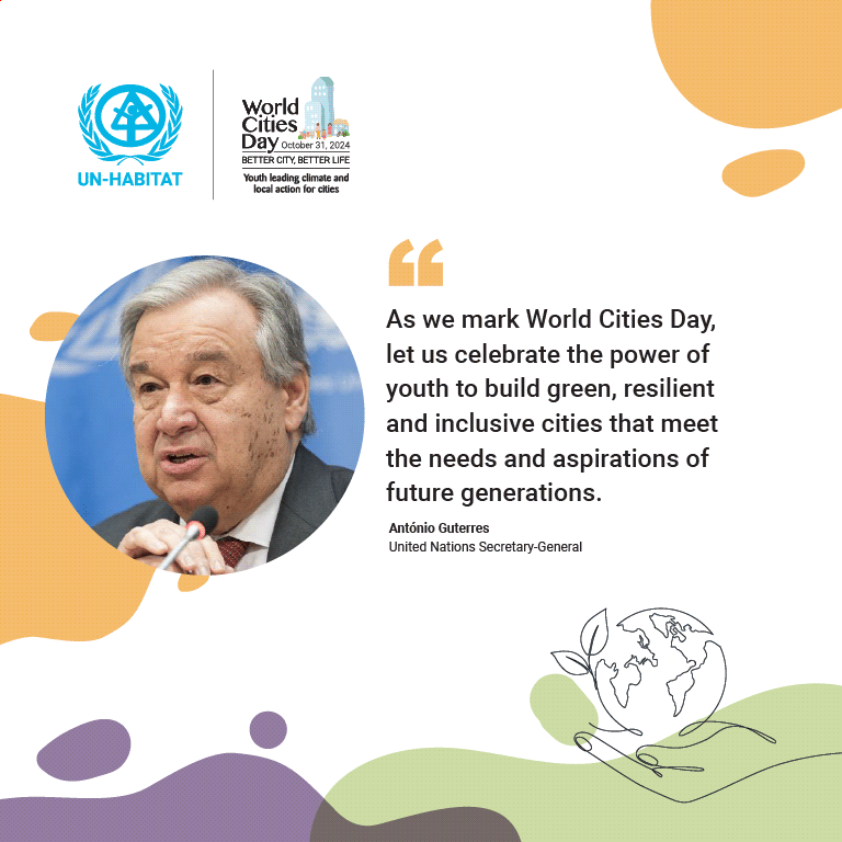 "As we mark World Cities Day, let us celebrate the power of youth to build green, resilient and inclusive cities that meet the needs and aspirations of future generations."

<a href="/un/">United Nations</a> Secretary-General António Guterres message on #WorldCitiesDay. loom.ly/iqGUj3M