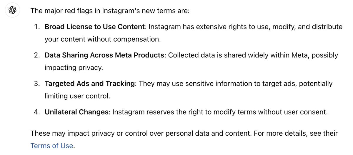 Quite interesting, asking ChatGPT about red flags on new Terms &amp; Conditions from <a href="/instagram/">Instagram</a> , here you have it: