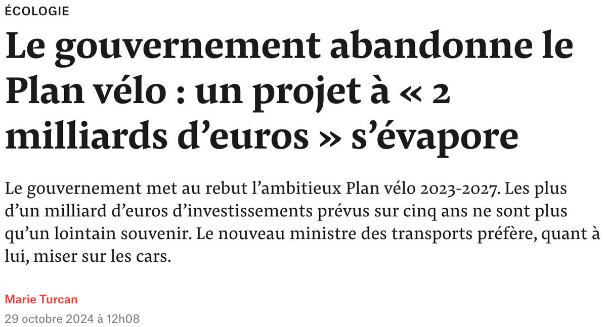 MaximCombes's tweet photo. 25 oct. : @MichelBarnier & @AgnesRunacher se pointent à #Givors, ravagé par les inondations, pour présenter le 3ème plan national d'adaptation au changement climatique
29 oct. : les mêmes suppriment le #PlanVelo grâce auquel les collectivités adaptent (un peu) nos mobilités https://t.co/W3iAR6Arw1