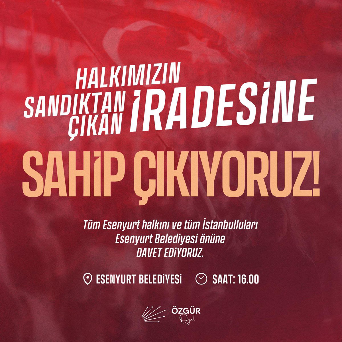 Halkımızın sandıktan çıkan iradesine sahip çıkmak üzere saat 16.00'da Esenyurt Belediyesi önünde buluşuyoruz.

Esenyurt Belediye Başkanımız Profesör Doktor Ahmet Özer’in, temelsiz iddialarla, kirli iftiralarla yargı kumpası sonucu tutuklanmasına karşı, halkın iradesine sahip
