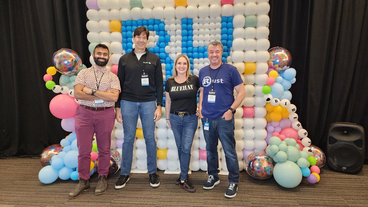 One of my fave #BlueHat pics ever. With icons <a href="/ram_ssk/">Ram Shankar Siva Kumar</a>, @markrussinovich, and <a href="/michael_howard/">Michael Howard</a>. #InMyBlueHatEra