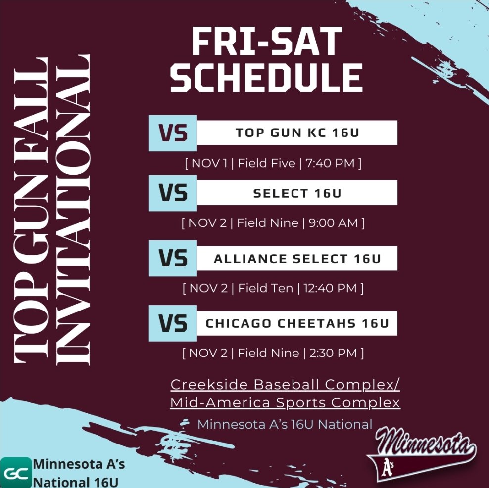 remi_rudquist's tweet photo. Here is this weekends Top Gun Fall Invitational schedule! I am soooooo excited to play with my teammates in our last tournament! #WorkAsOne.
@KristleWolcott @mavsbcoach @CoachGregJones1 @AliNowak4 @wagner_nat @CoachBrousek @CoachBagzTrot https://t.co/gqgKjNd4FI