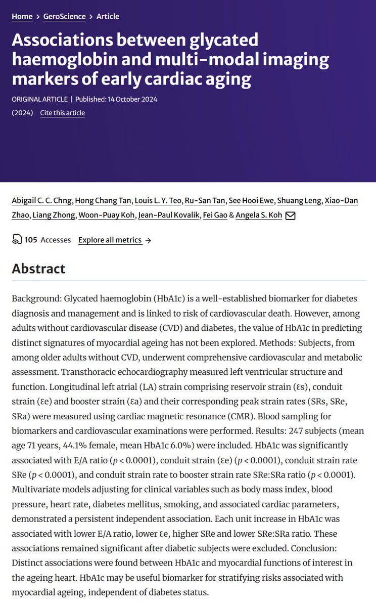 GeroScience (@geroscienceage) on Twitter photo 📢New in GeroScience by Springer Nature
Associations between glycated haemoglobin and multi-modal imaging markers of early cardiac aging by Abigail C. C. Chng & Angela S. Koh (<a href="/AngelaSKoh1/">Angela S. Koh</a>) et al.
link.springer.com/article/10.100…
#HbA1c #cardiovascular #ageing 📢New in GeroScience by Springer Nature
Associations between glycated haemoglobin and multi-modal imaging markers of early cardiac aging by Abigail C. C. Chng & Angela S. Koh (<a href="/AngelaSKoh1/">Angela S. Koh</a>) et al.
link.springer.com/article/10.100…
#HbA1c #cardiovascular #ageing
