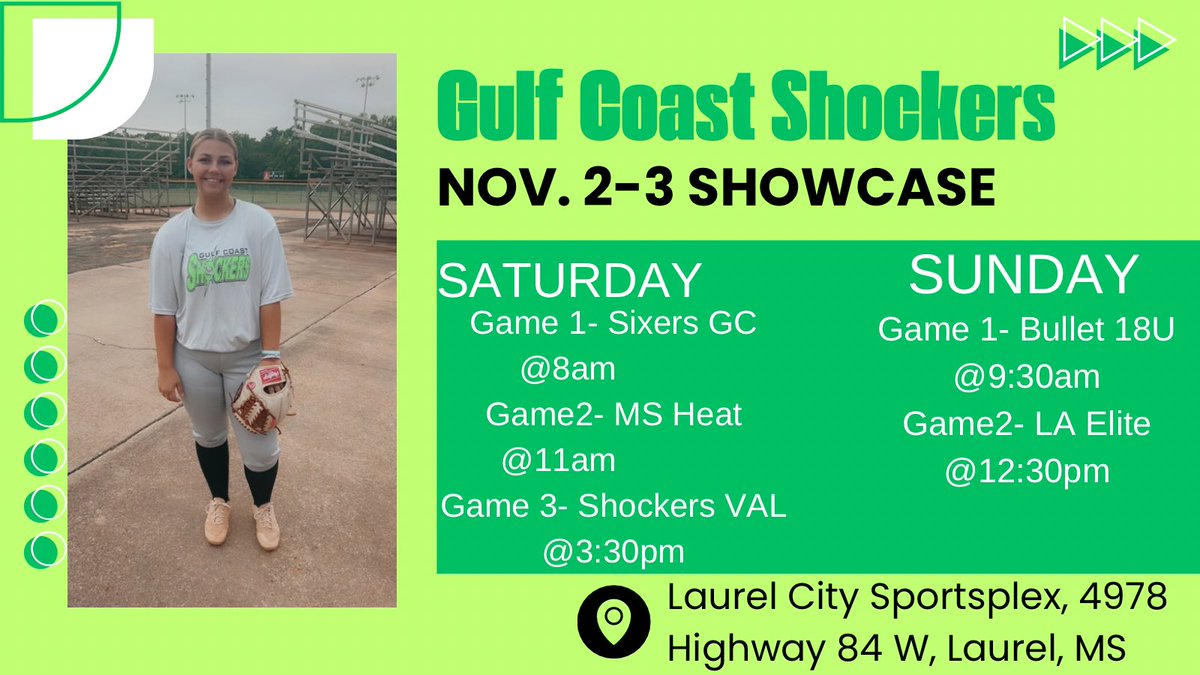 Here’s my schedule for the weekend in Laurel, Ms. Let’s go Shockers!! <a href="/GCShockersFP/">Gulf Coast Shockers</a> <a href="/ECCCSoftball/">ECCC Softball</a> <a href="/XavierLouisiana/">Xavier University of Louisiana Softball</a> <a href="/bmcusoftball/">Blue Mountain Christian University Softball</a> <a href="/BelhavenSB_/">Belhaven Softball</a> <a href="/HindsCC_SB/">Hinds CC Softball</a> <a href="/MCCEaglesSB/">MCC Eagles Softball</a> <a href="/MSDeltaSB/">Mississippi Delta CC Softball</a> <a href="/UWA_Softball/">UWA Softball</a> <a href="/GoChoctaws_SB/">Mississippi College Softball🥎</a>