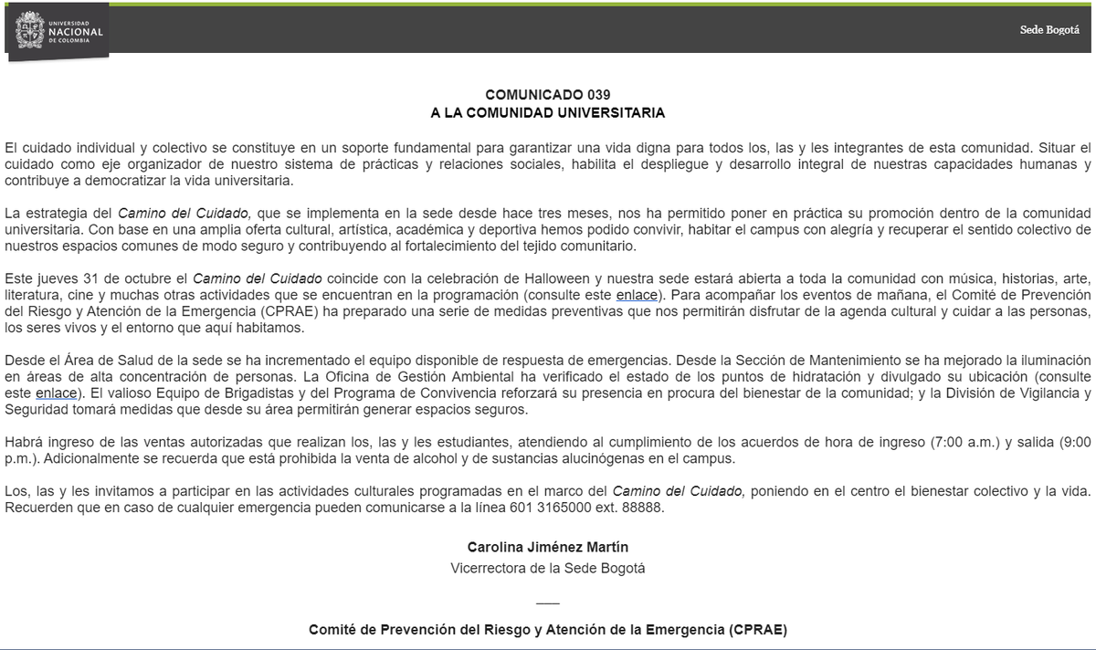 ⚠️ Comunicado N° 039 - Vicerrectoría #BogotaUNAL
Consulte la programación de actividades del 31 de octubre: x.com/BogotaUNAL/sta…
Conozca los puntos de hidratación: oga-bog.maps.arcgis.com/apps/dashboard…