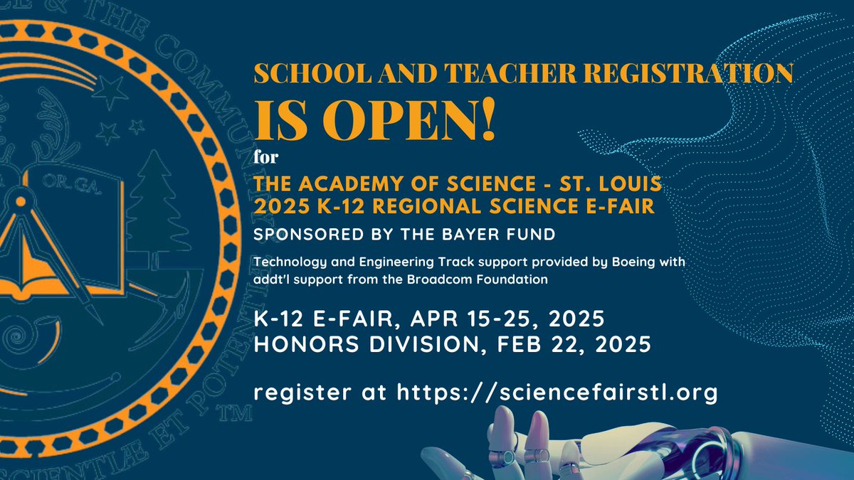 The Academy of Science of St. Louis (@academyofscistl) on Twitter photo Teachers, school principals, and science coordinators, mark your calendars! School and Teacher registration for the 2025 <a href="/AcademyofSciSTL/">The Academy of Science of St. Louis</a> regional K-12 Science Fair and it's Honors Division opens Mon, Nov 4! Info on dates & deadlines at htttps://sciencefairstl.org
#STEM #Science Teachers, school principals, and science coordinators, mark your calendars! School and Teacher registration for the 2025 <a href="/AcademyofSciSTL/">The Academy of Science of St. Louis</a> regional K-12 Science Fair and it's Honors Division opens Mon, Nov 4! Info on dates & deadlines at htttps://sciencefairstl.org
#STEM #Science