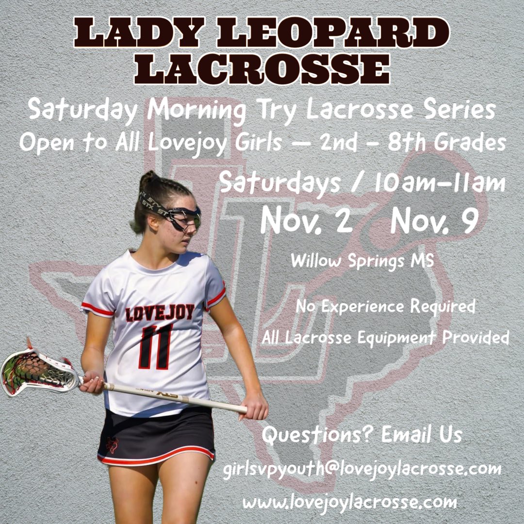 We’re back!! Lovejoy Lax is hosting free try lacrosse clinics open to all Lovejoy girls! 2nd grade to 8th grade. All sessions are free. No  registration is required. No experience is required. All equipment provided. Questions? Email girlsvpyouth@lovejoylacrosse.com