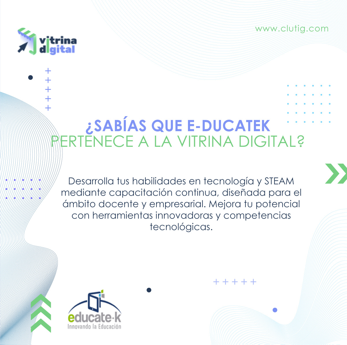 Educatek ofrece diversos cursos en línea enfocados en capacitar profesionales de distintos sectores:
✅Manejo eficiente del riego por gravedad
✅Educatek Covid
✅Educatek Online
✅Educatek STEAM
✅ Descubre más de la vitrina digital: vitrina.clutig.com/Vitrina/Catalo…
#VitrinaDigital