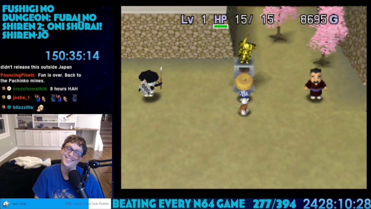 It took 150 hours, but we've finally finished Shiren the Wanderer 2. About 60-70 hours of this was trying to beat the final dungeon, The Road to the End. A true roguelike experience, and nothing like I've ever played before. Highly highly recommend checking a  Mystery Dungeon out