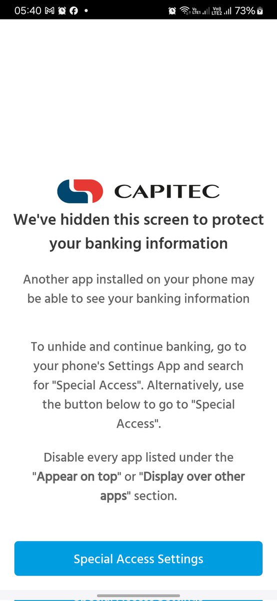 ZamZash's tweet photo. @CapitecBankSA what is this now? I want to use the app and no app can steal any information. https://t.co/pBQPgAOWr1