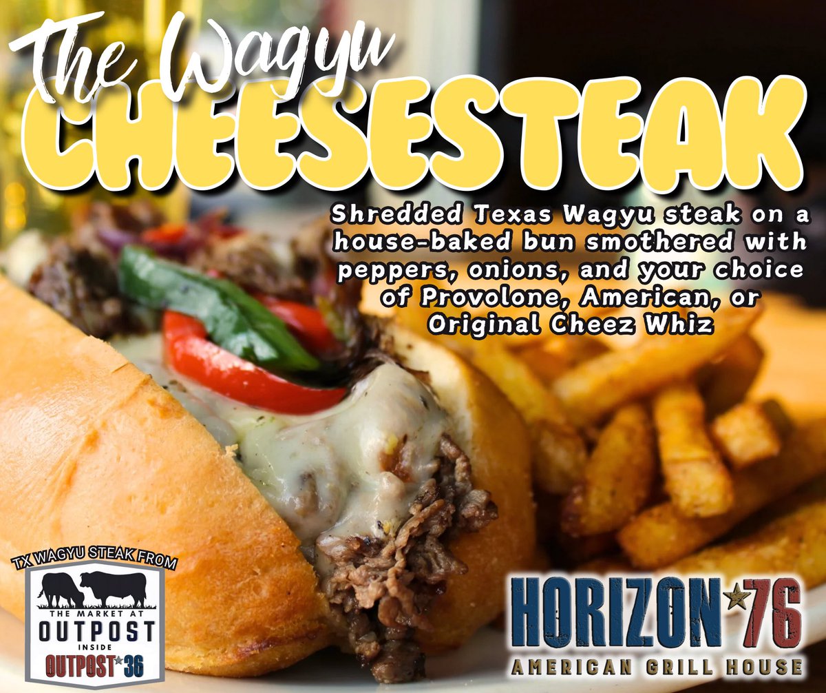 New item! THE WAGYU CHEESESTEAK
Shredded Texas Wagyu steak on a house-baked bun smothered with peppers, onions, and your choice of cheese. 
horizon76.com
#kellertexas #northftworth #localbusiness #scratchkitchen #texaswagyu #cheesesteak #datenight #familynight