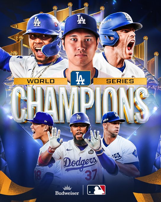 Los Angeles Dodgers
2024 World Series Champions
Pictured: Cutouts of Mookie Betts, Shohei Ohtani, Freddie Freeman, Yoshinobu Yamamoto, Teoscar Hernández, and Jack Flaherty wearing white Dodgers jerseys.
