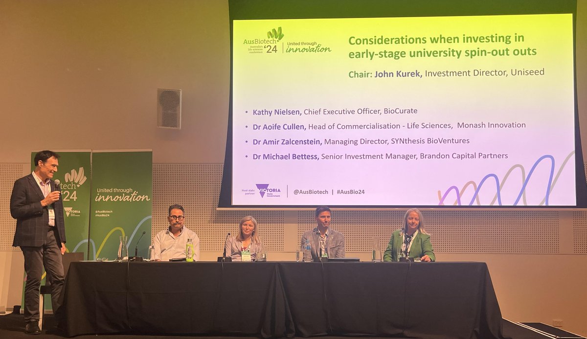 BioCurate (@biocurate) on Twitter photo Just wrapped up an insightful panel on 'Considerations when investing in early-stage university spin-outs' at #AusBio2024! 🎉
Dr Kathy Nielsen <a href="/BioCurate/">BioCurate</a>, shared expertise alongside representatives from Brandon Capital, <a href="/MonashUni/">Monash University</a>, <a href="/UniseedFund/">UniseedFund</a> and SYNthesis BioVentures.
Exciting Just wrapped up an insightful panel on 'Considerations when investing in early-stage university spin-outs' at #AusBio2024! 🎉
Dr Kathy Nielsen <a href="/BioCurate/">BioCurate</a>, shared expertise alongside representatives from Brandon Capital, <a href="/MonashUni/">Monash University</a>, <a href="/UniseedFund/">UniseedFund</a> and SYNthesis BioVentures.
Exciting