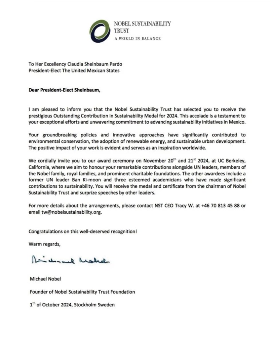 No es por presumir, pero la Presidenta <a href="/Claudiashein/">Claudia Sheinbaum Pardo</a> recibió la medalla del Nobel Sustainability Trust 2024 por su gestión al frente del <a href="/GobCDMX/">Gobierno de la Ciudad de México</a>.