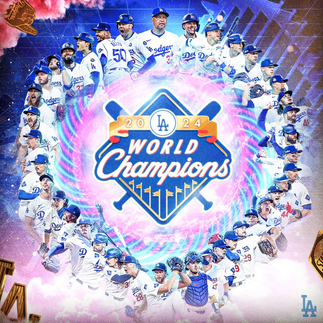 A graphic announcing the Dodgers as the 2024 World Series Champions with cutouts of players from the 2024 team.