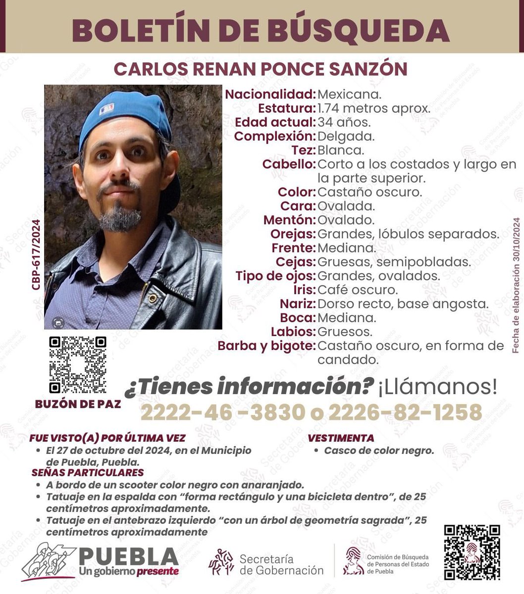 #ServicioSocial | Se solicita de su cooperación para localizar a Carlos Renan Ponce Sanzón, fue visto por última vez el pasado 27 de octubre 

#Puebla