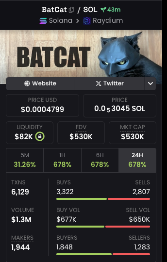 kryptokhronic's tweet photo. $BATCAT 🚀 - Next $1M meme coin?  

Community Love: On fire 🔥 

Undervalued: on a dip @  280k 👀 

📈 Chart: https://t.co/hvmnhbhHuN

Looks ready for a big move I jumped in at 300k! We're just warming up. #BATCAT #100x $SOL https://t.co/pZ1RSmke79
