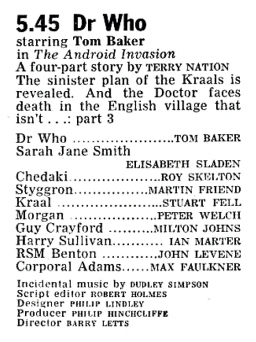 Doctors_Beard's tweet image. "The Android Invasion" - Part 3 - The sinister plan of the Kraals is revealed. And the Doctor faces death in the English village that isn't...
#DoctorWho #TheAndroidInvasion #Kraals #scifi #BritishTV #classicwho #TimeLord