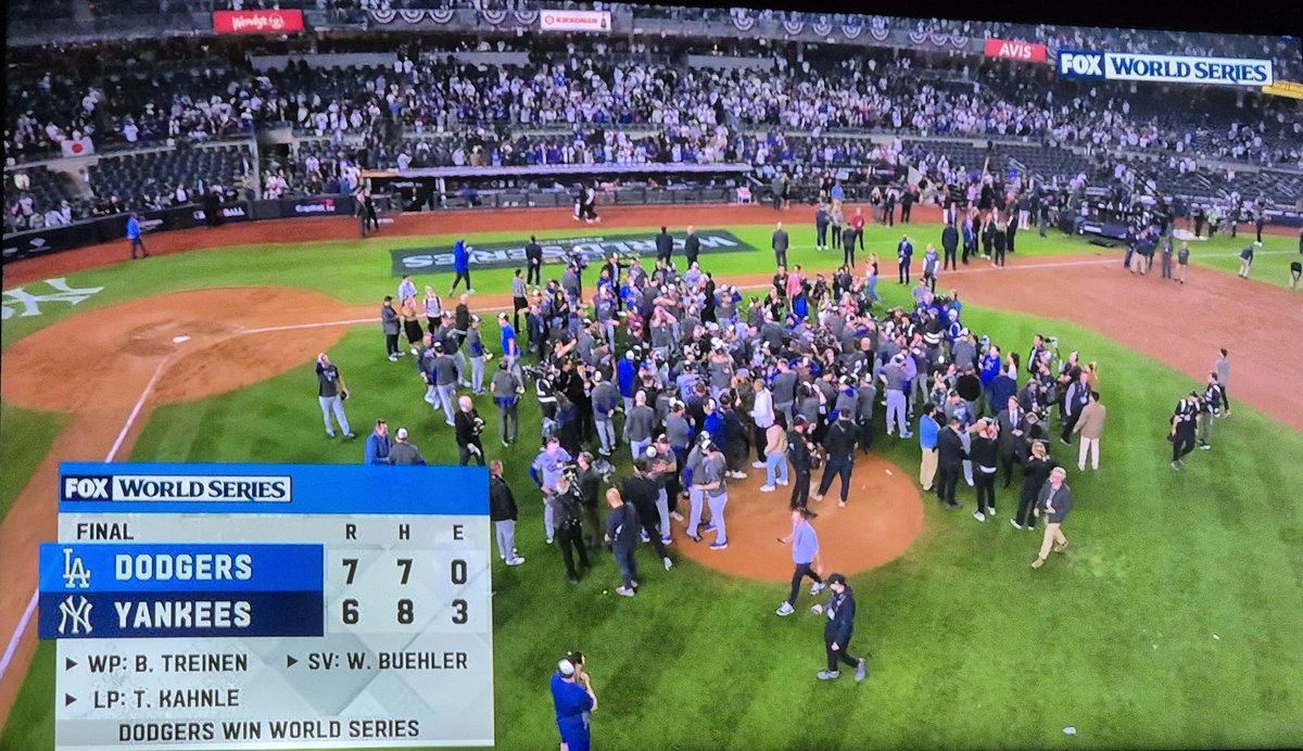 The_CBA_'s tweet photo. Was für ein grandioses Comeback der #Dodgers. 7:6 in Spiel 5 der #WorldSeries. Nach 0:5-Rückstand bei den #NewYorkYankees. Walker Buehler behält im neunten Inning die Nerven. 4:1 Dodgers - LA gewinnt World Series. https://t.co/nax92PV68u
