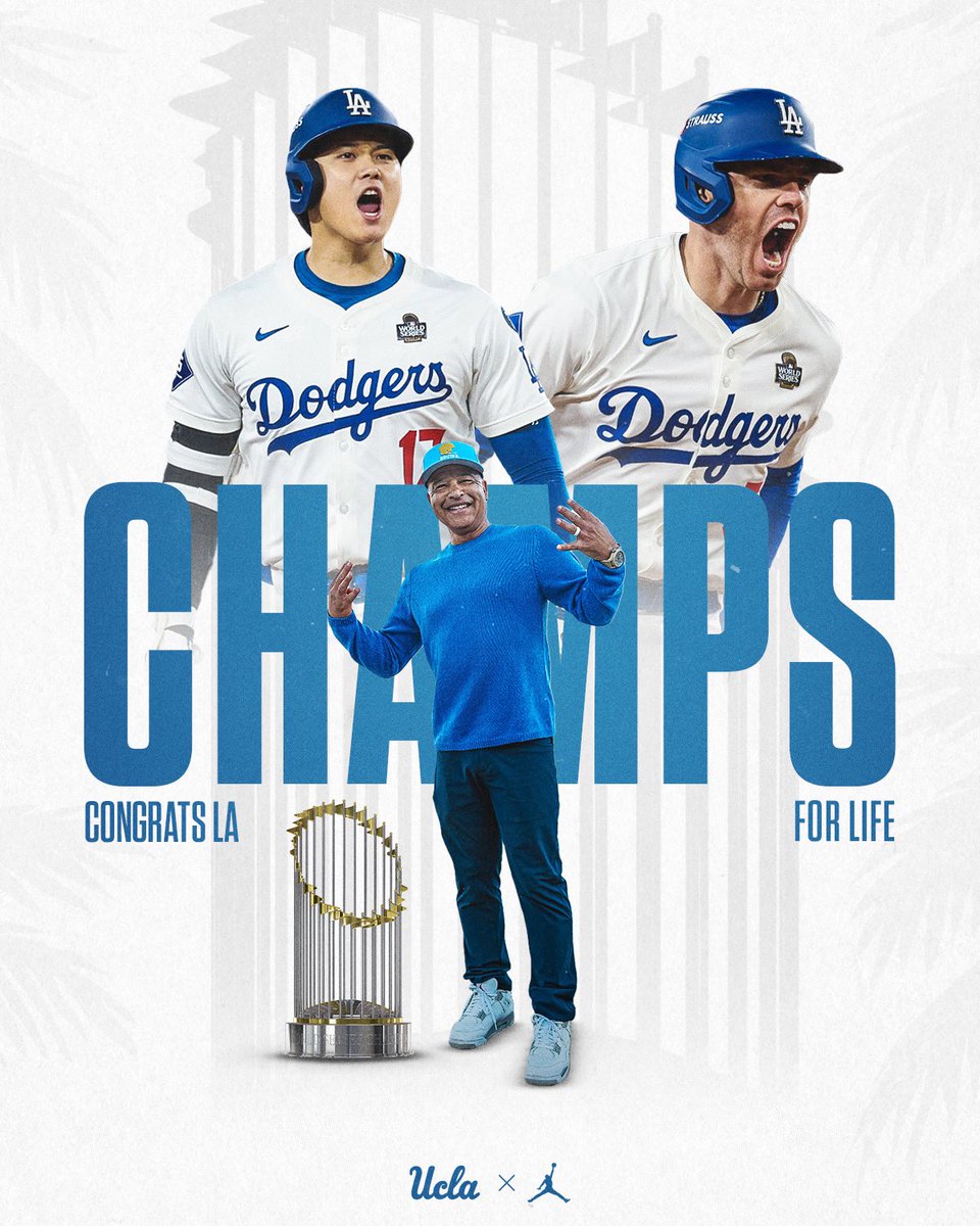 UCLAFootball's tweet photo. 𝑭𝑶𝑹 𝑻𝑯𝑬 𝑪𝑰𝑻𝒀, Congrats Dodgers! 
Dave Robert’s 2x Champ &amp; 𝑩𝑹𝑼𝑰𝑵 𝑭𝑶𝑹 𝑳𝑰𝑭𝑬! https://t.co/9zW6BZv5RM