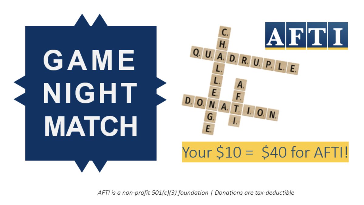 Not sure if you're going to game night? Maybe this will help you decide! With our game night matching program, your $10 = $40 for AFTI! Help support future scholarships while also having a great time with your new friends and colleagues! #ata65