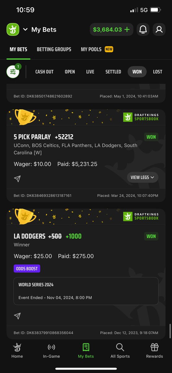 MaFreech's tweet photo. @DKSportsbook didn’t wanna give your boy an early cashout.. cause they knew the Dodgers weren’t losing 🤙🏼🏆+52212 

LFG BABY!!!!!!!!!!!! https://t.co/fHAYP0WftN