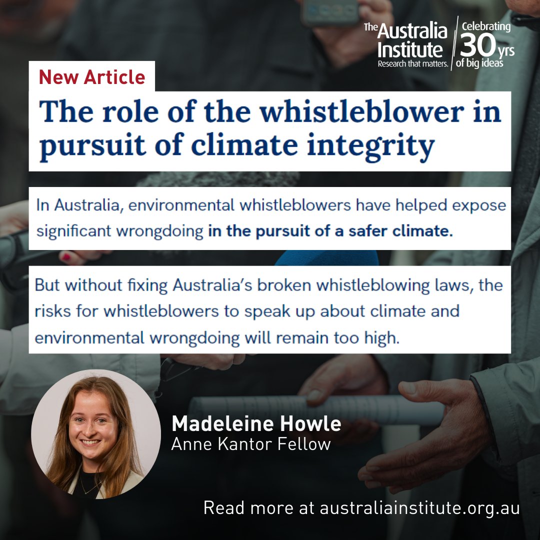 Australia Institute (@theausinstitute) on Twitter photo "It is high time for this government to catch up when it comes to recognising the role of the whistleblower in the pursuit of #climate integrity," writes <a href="/MadeleineHowle/">Madeleine Howle</a>, Anne Kantor Fellow & lawyer <a href="/humanrightsHRLC/">Human Rights Law Centre</a> #auspol
Read more: australiainstitute.org.au/post/the-role-… "It is high time for this government to catch up when it comes to recognising the role of the whistleblower in the pursuit of #climate integrity," writes <a href="/MadeleineHowle/">Madeleine Howle</a>, Anne Kantor Fellow & lawyer <a href="/humanrightsHRLC/">Human Rights Law Centre</a> #auspol
Read more: australiainstitute.org.au/post/the-role-…