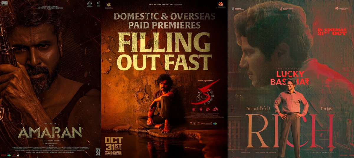 CineReport_IN's tweet photo. Diwali release all 3 movies having a good morning show booking 💥

#KA
#LuckyBaskhar
#Amaran https://t.co/L59J1iwv5g