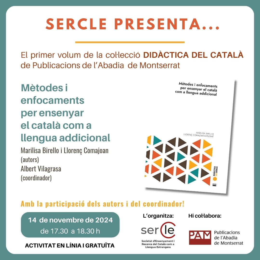 SERCLE (@ser_cle) on Twitter photo 📢 SERCLE presenta "Mètodes i enfocaments per ensenyar el català com a llengua addicional."
🗣 A càrrec de <a href="/MarilisaBirello/">Marilisa Birello</a>, Llorenç Comajoan-Colomé i <a href="/VilagrasaAlbert/">albert vilagrasa</a>
🗓 Dijous 14 de novembre a les 17:30 h
🔗 Més informació i inscripcions: linktr.ee/sercle 📢 SERCLE presenta "Mètodes i enfocaments per ensenyar el català com a llengua addicional."
🗣 A càrrec de <a href="/MarilisaBirello/">Marilisa Birello</a>, Llorenç Comajoan-Colomé i <a href="/VilagrasaAlbert/">albert vilagrasa</a>
🗓 Dijous 14 de novembre a les 17:30 h
🔗 Més informació i inscripcions: linktr.ee/sercle