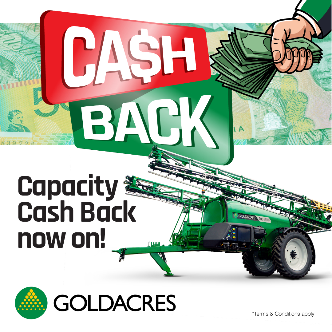 Purchase a Goldacres trailing sprayer and receive cash back equal to the tank capacity in dollars. 

Dealer stock now available for immediate delivery 
👉🏻 see your nearest dealer.

Limited time offer - ends 30th November 2024.
Visit 👉🏻 goldacres.com.au/cashback

*T&amp;C's apply.