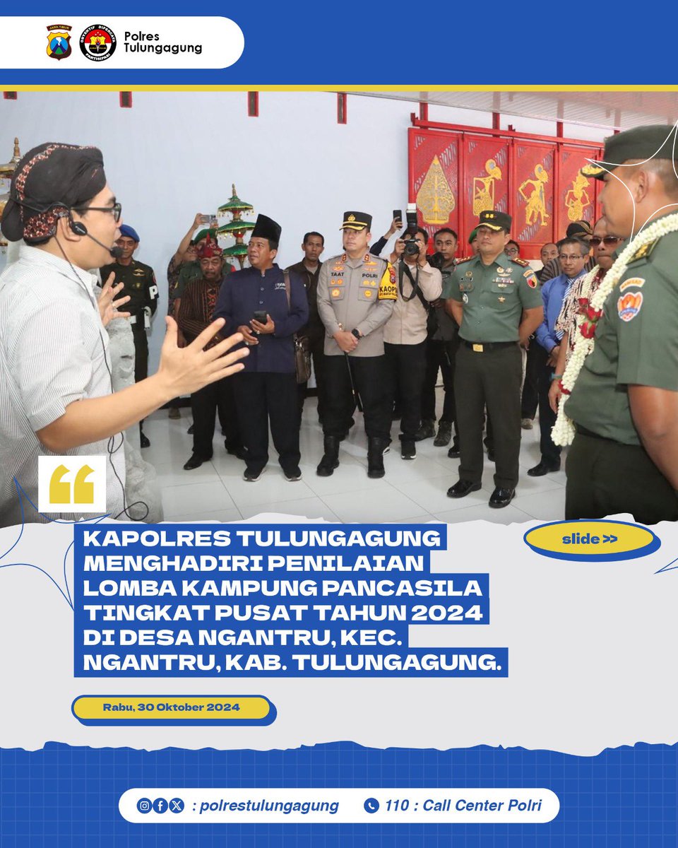 Res1Tulungagung's tweet photo. Kapolres Tulungagung AKBP Muhammad Taat Resdi S.H, S.I.K, MTCP @mtaatr menghadiri penilaian lomba kampung Pancasila tingkat pusat tahun 2024 di Desa Ngantru, Kecamatan Ngantru, Kabupaten Tulungagung. (30/10/2024)
#polrestulungagung #tulungagung #ngantru #kampungpancasila https://t.co/FMNoRFRSPj