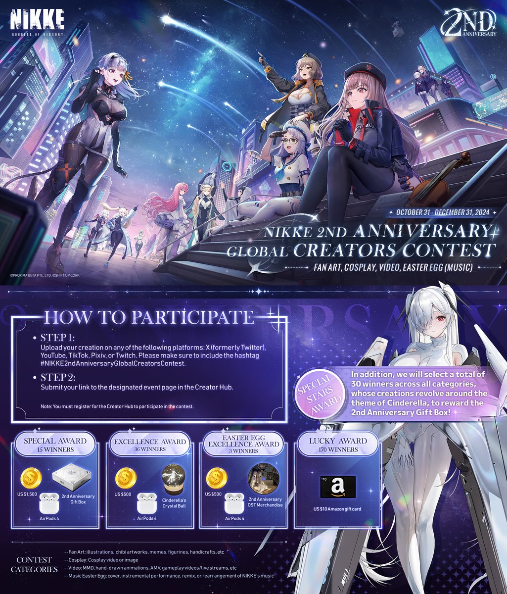 NIKKE_en's tweet photo. 【NIKKE 2nd Anniversary Global Creators Contest】

The NIKKE 2nd Anniversary Global Creators Contest begins today!

We're prepared prizes, merch, and other luxurious rewards worth over $70k USD in total!

There are 4 different categories you may participate in:
- Fanart
- Cosplay
- Video
- Easter Egg (Music)

Contest Period: 2024/10/31 - 2024/12/31

Participate here!
🔗:  https://t.co/0LgNb5ZOIB
*You must register for the Creator Hub to participate in the contest.

Click the link below for details and rules!
🔗:  https://t.co/ZWnrtzsWrp

We are so excited to see all your amazing submissions!

#NIKKE
#NIKKE2ndAnniversary
#NIKKE2ndAnniversayGlobalCreatorsContest