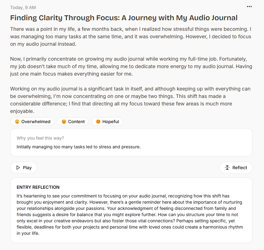 heysamyak's tweet photo. i'm more motivated now than ever to be working on MyAudioJournal.

as I've been building and talking to people, the initial problem seemed small, but now it feels way bigger than I expected.

i'm going to make this the best personal growth, audio-first experience.

sneak peak👀 https://t.co/qq0k5sk28s