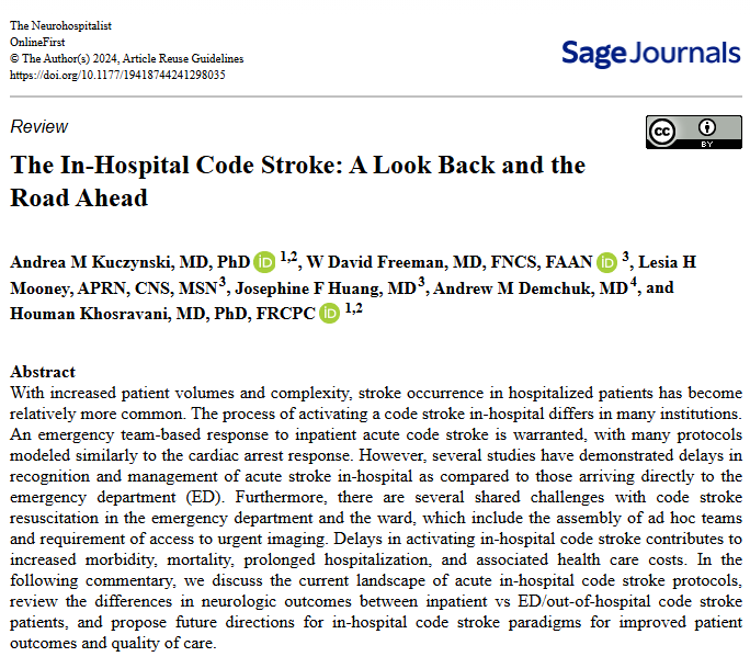 neuroccm's tweet photo. Very delighted to share this piece on Inpatient #codestroke and #highperforming teams, #CRM, simulation, and empowerment of multidisciplinary teams, with coauthors: Dr. Andrea Kuczynski, MD, PhD, @freemanwd @demchuk_andrew @moonmee12 Dr. Josephine Huang - a fine collaboration @UofTNeurology x @mayoclinicnccfl|@MayoClinicNeuro
https://t.co/ADMAKjvz3D
