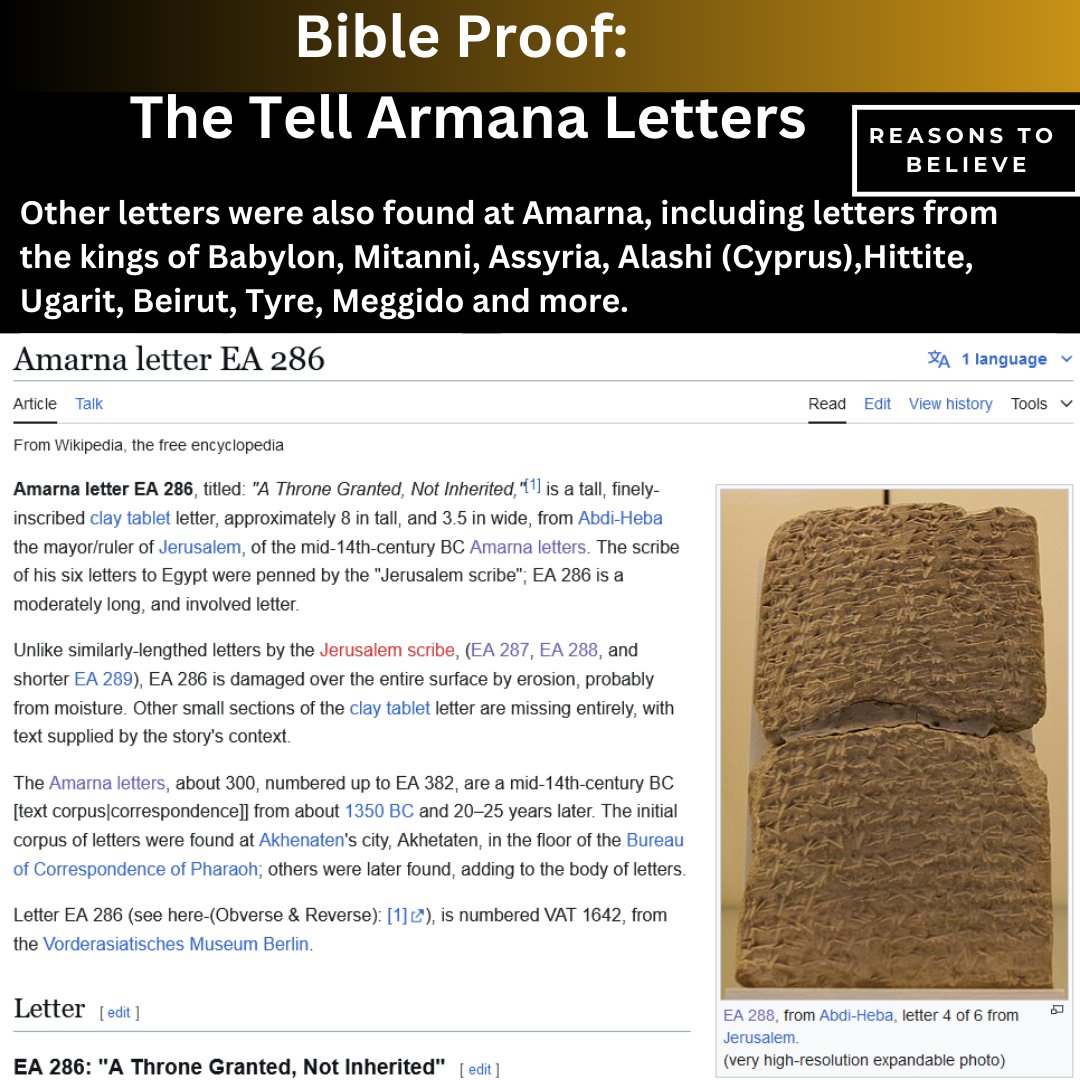 DebateTruth's tweet image. How do you  know the Bible is true? Because it can be confirmed in historical  documents outside of the Bible. The story of the children of Israel, the  Hebrews escaping from Egypt to the land of Cannan can be confirmed in  the Tell Amarna letters. 

What is the Tell Amarna…