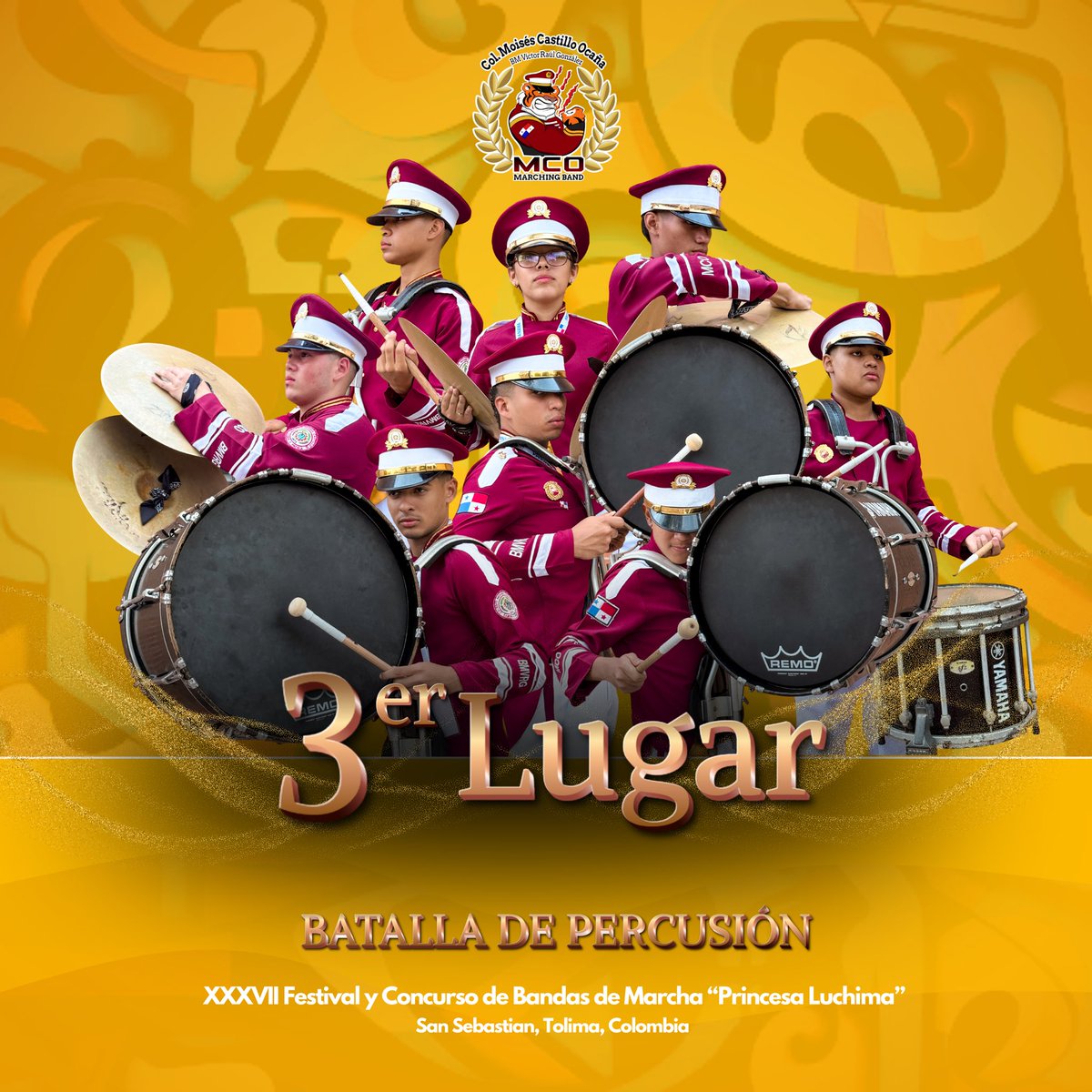 3er Lugar 🏆🐯🎵🇵🇦
BATALLA DE PERCUSIÓN 🥁 
-
XXXVII Festival y Concurso de Bandas de Marcha PRINCESA LUCHIMA 

San Sebastián de Mariquita, Tolima 
COLOMBIA 🇨🇴 

#SomosPANAMÁ