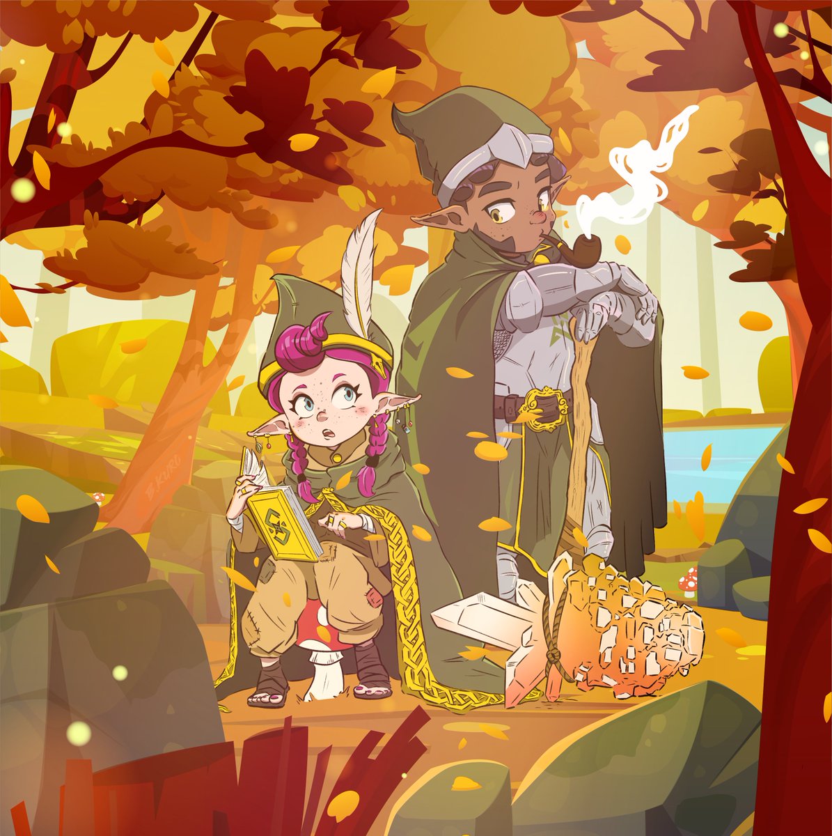 BookerKuro's tweet photo. After a long day of adventuring, Ron and Berecca take a break in the autumn foliage, but their quest isn't over 🍂
#Ninjala #ニンジャラ #Ninjalaart #NinjalaRPG #NinjalaHalloween https://t.co/br8qMs1uja