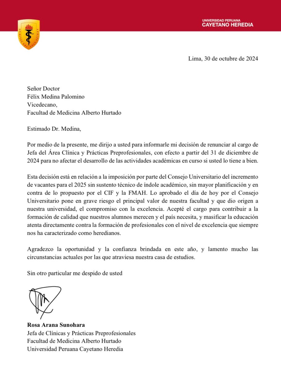 terremoto en la UPCH: renuncian las cabezas del programa de MEDICINA por el atropello de Consejo universitario a ampliar las vacantes a 300 por año (para nada sostenible y coherente con los ambientes universitarios y clínicos)