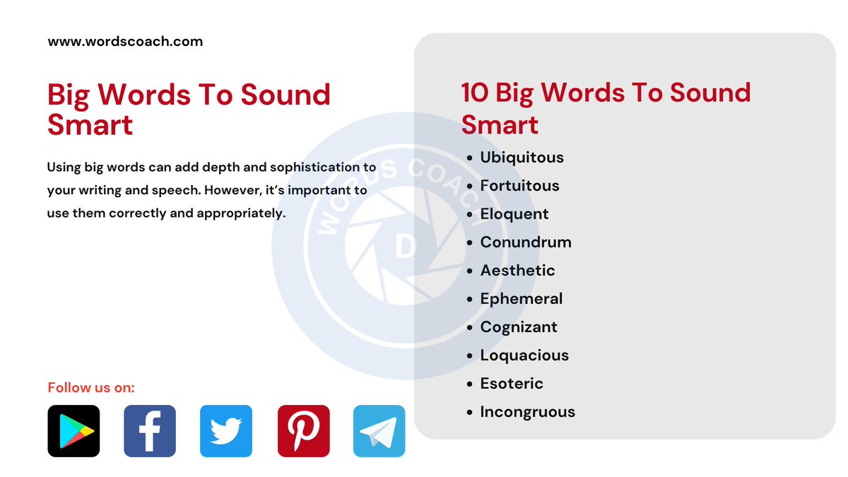 wordscoach's tweet image. Big Words To Sound Smart

Using big words can add depth and sophistication to your writing and speech. However, it’s important to use them correctly and appropriately.

tinyurl.com/2awvdhxm

#smartwords #smart #words #goodhabits