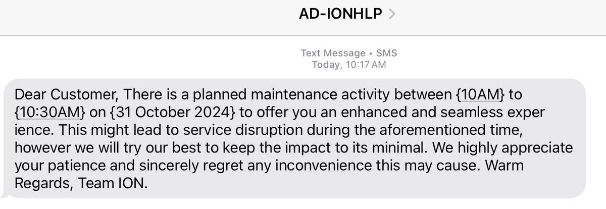 ashwindwivedi's tweet image. Always a pleasure to receive an outage message 17 minutes into the maintenance window. 🤦🏽‍♂️
⁦@IonInternet⁩ #IonInternet