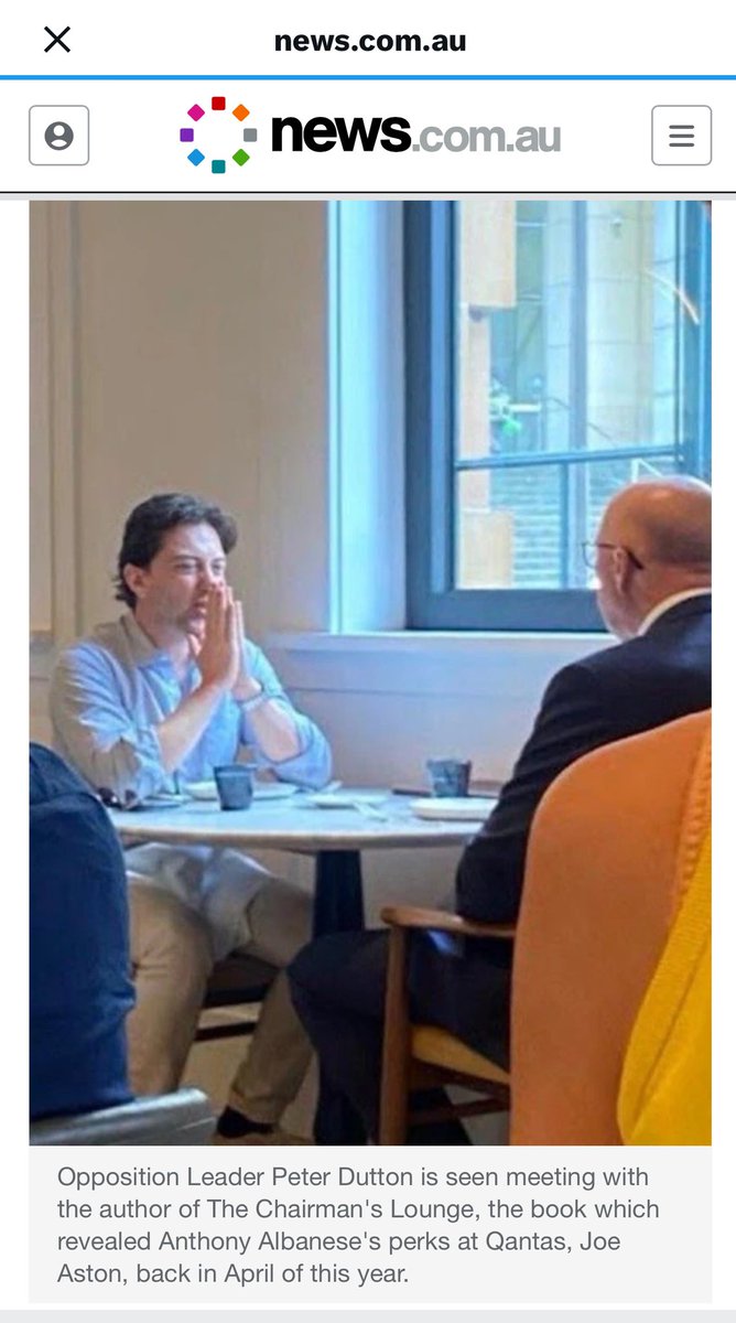 MORE PROOF it’s a hit job on Albo!! 

Peter Dutton photographed with The Chairman’s Lounge author Joe Aston