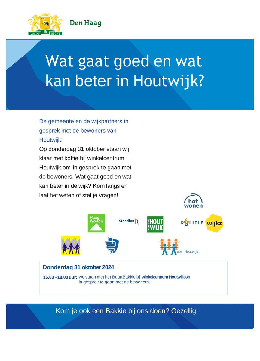 Houtwijkinfo's tweet photo. Vragen aan de gemeente? Ideeën over Houtwijk? Nasir Refa, de community builder voor Loosduinen, staat vanmiddag van 3 tot 6 samen met ketenpartners in winkelcentrum Houtwijk. Ga onder het genot van heerlijke koffie het gesprek aan. https://t.co/lNzbo0iSwG