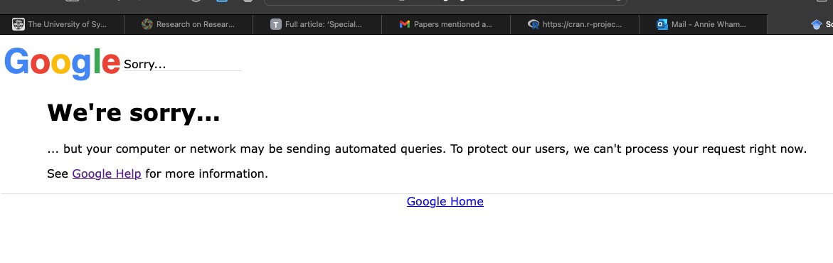 anniewham's tweet photo. That time I scienced so hard Google Scholar called me a bot and blocked me

#metaresearch #metascience #bibliometrics #science #sciencehardorgohome https://t.co/YxKiNHybvN