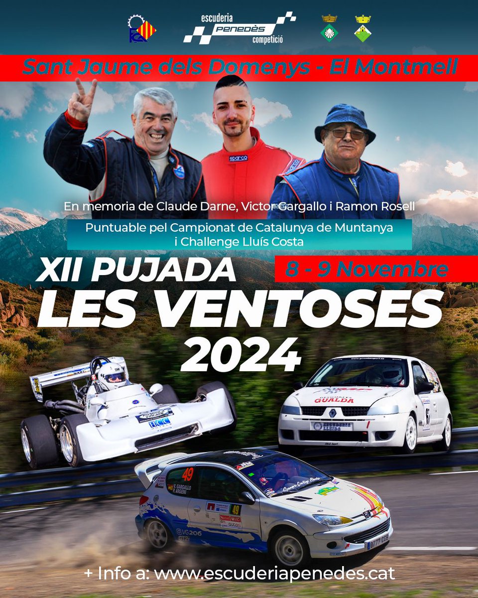 Els dies 8 i 9 de novembre es celebrarà la XII Pujada a les Ventoses, una prova esportiva automobilística puntuable per al Campionat de Catalunya de Muntanya. 🚗💨

Per a més informació, consulteu la web de l'escuderia: 🌐 escuderiapenedes.cat