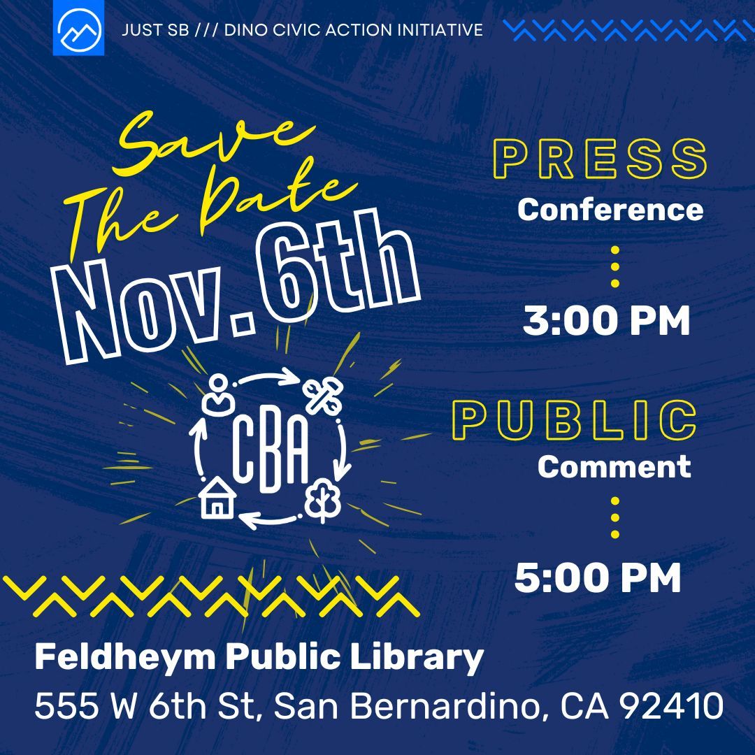📢 Stand with us to ensure Downtown SB redevelopment benefits all! Join our press conference Nov. 6, 3pm at Feldheym Library. Demand transparency in the RFP process. Free food &amp; t-shirts! RSVP: buff.ly/48yJxdC #SanBernardino