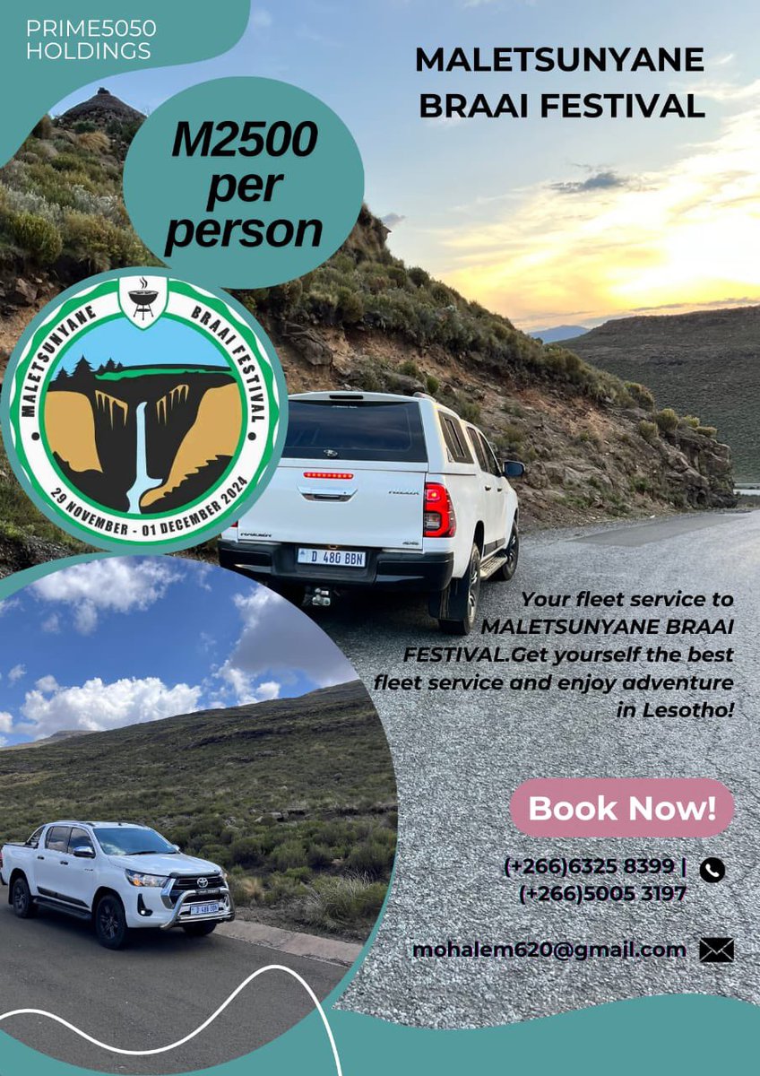MohaleMoshoesh5's tweet image. Maletsunyane Braai Festival ✅✅✅✅
Re teng ho thusa ka transport for 3day event🇿🇦🇱🇸🇿🇦🇱🇸🇿🇦🇱🇸🇿🇦🇱🇸🇿🇦
Contact 50053197/63258399 for BOOKINGS😃