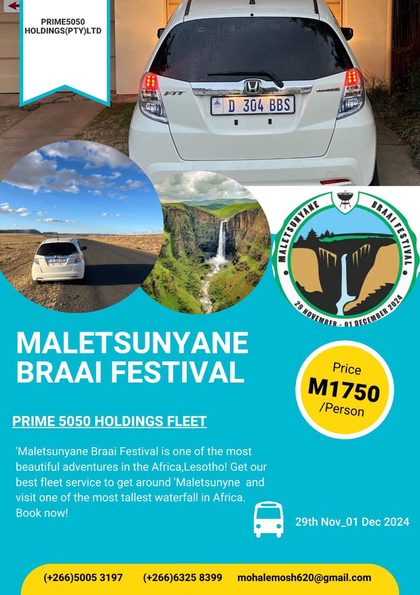 MohaleMoshoesh5's tweet image. Maletsunyane Braai Festival ✅✅✅✅
Re teng ho thusa ka transport for 3day event🇿🇦🇱🇸🇿🇦🇱🇸🇿🇦🇱🇸🇿🇦🇱🇸🇿🇦
Contact 50053197/63258399 for BOOKINGS😃