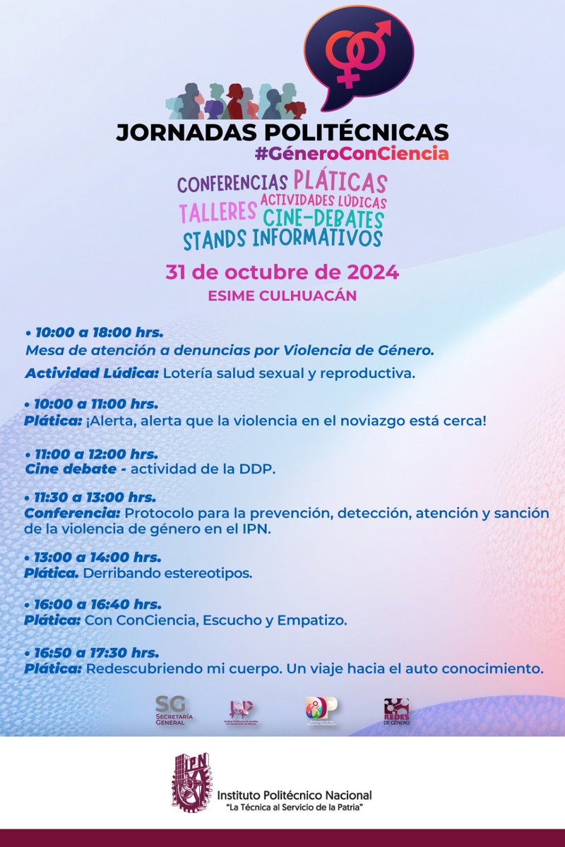 ¿Sabes cómo impactan los #estereotipos de género nuestra vida y el desarrollo como personas? De eso y más hablaremos hoy en la <a href="/ESIME_Culhuacan/">ESIME CULHUACAN</a> a donde llevaremos nuestras #JornadasPolitécnicas así
como pláticas con diversas temáticas, actividades lúdicas y mesa de atención.