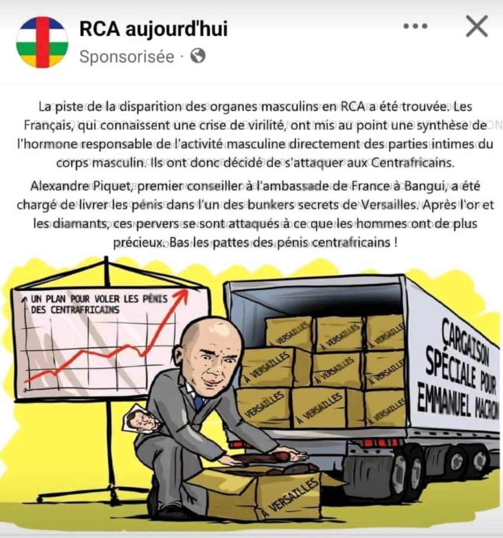 Après une accalmie de la propagande anti-française, Wagner Centrafrique revient en force avec une histoire particulièrement travaillée, basée sur une rumeur de disparition de sexe qui secoue la #RCA depuis plusieurs mois et qui a mené à plusieurs lynchages mortels. 1/2
